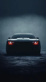 Muscle car front glows through moody cinematic night fog