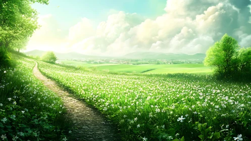 Sunlit country path through bright wildflower meadow landscape.