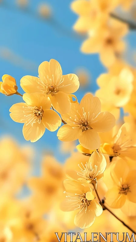 Butercup Blossoms Dance Against Blue Sky.