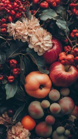 Moody still life with autumn fruits and pale blooms.