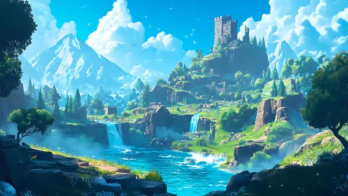 Layered fantasy valley with waterfalls, fortress tower and alpine peaks