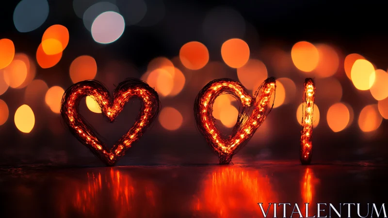 Glowing neon hearts illuminated against blurred warm bokeh lights