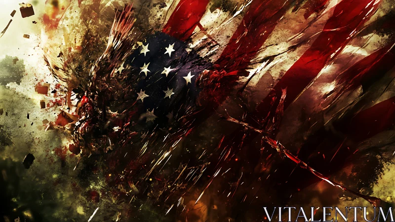 Shattered American flag explodes through molten abstract chaos