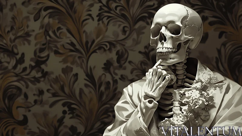 Skeleton in ornate suit posed thoughtfully before patterned wall