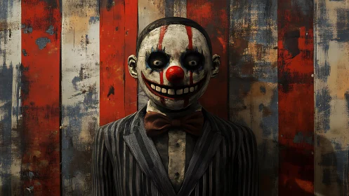 Striped-suit clown automaton before distressed tricolor panels.