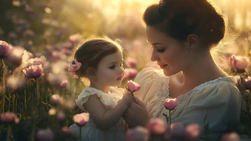 Woman and child in flower field at sunset holding blossoms.