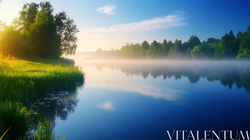 Calm forest lake at sunrise with soft mist over water.