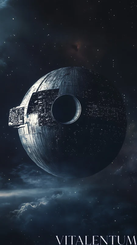 Massive spherical space station floating in deep space.