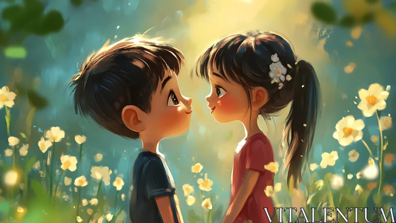 Boy meets girl in golden flower field