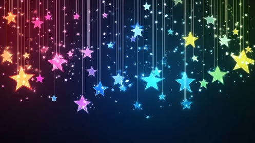 Radial gradient backdrop with suspended multicolor luminous star glyphs