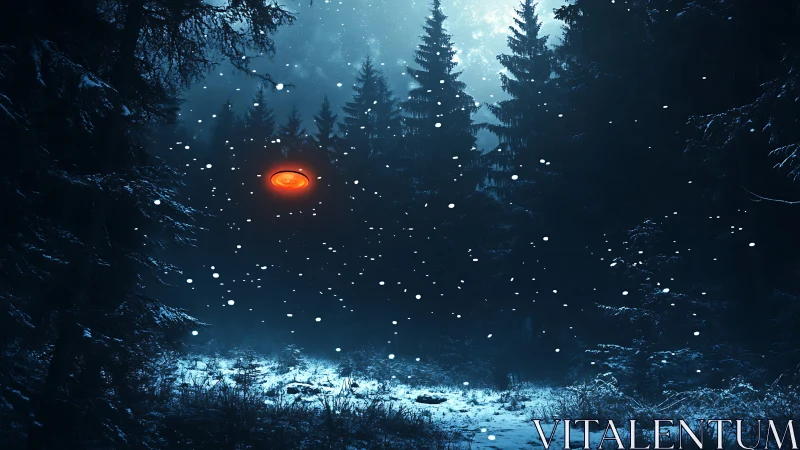 UFO glows over snowy conifer forest under midnight snowfall.