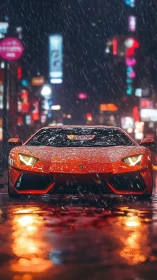 Electric red supercar glows under neon rain in the city