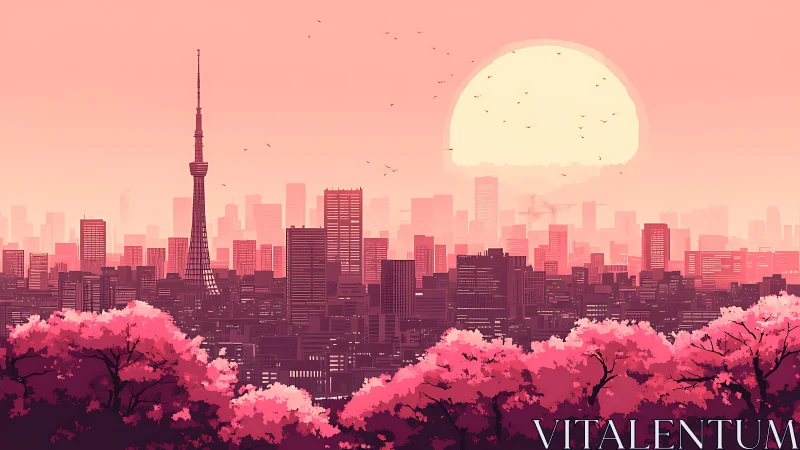 Sunset city skyline with tower and foreground cherry trees.