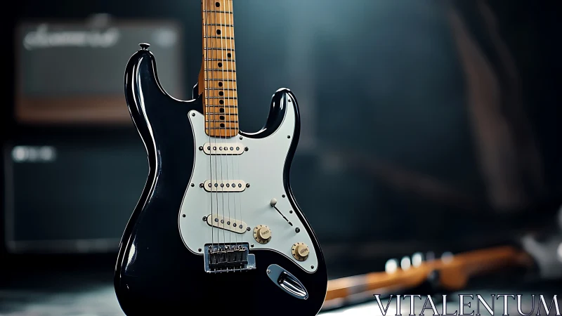 Black solid-body electric guitar in studio lighting environment.