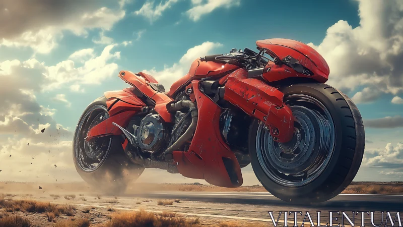 Futuristic red hoverbike blasting across dusty highway clouds.