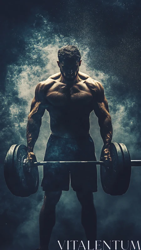 Muscular lifter holding barbell amid dramatic gym smoke.