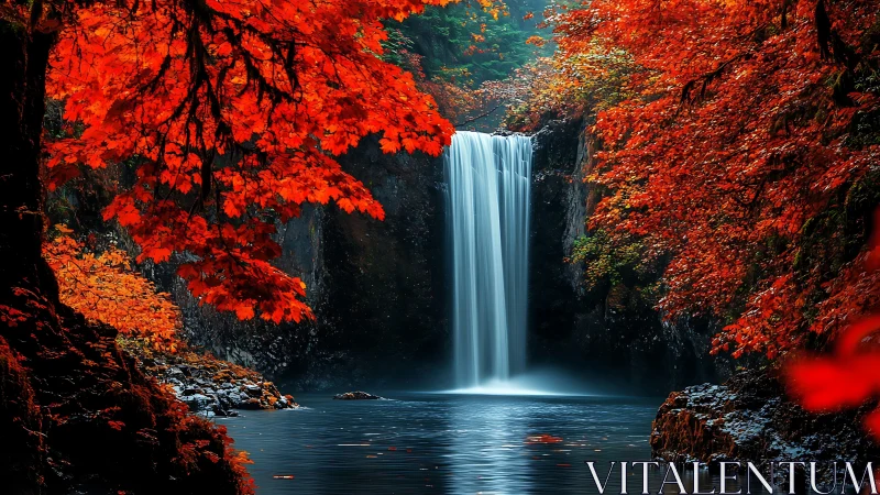 Digital painting waterfall framed by scarlet autumn canopy.