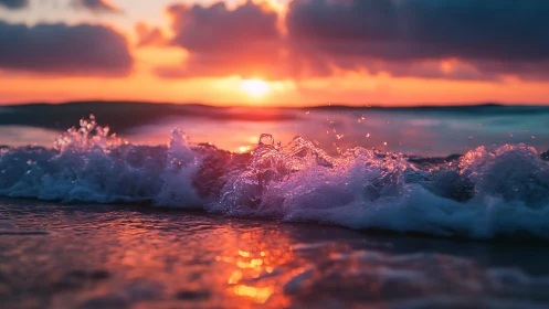 Sunset surf wave captured in sharp coastal close-up.