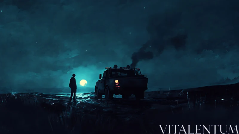 Nocturnal roadside silhouette with cinematic moody lighting.