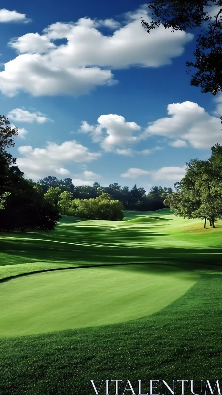 Sunlit golf fairway under drifting cumulus clouds.