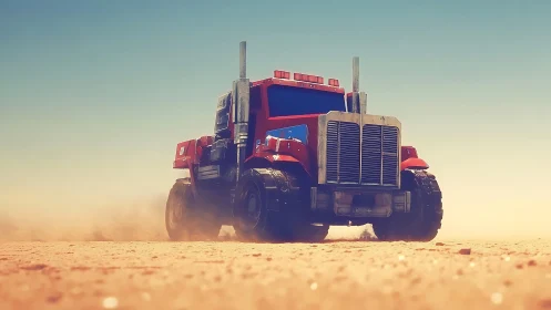 Red offroad semi truck powers through dusty desert plain