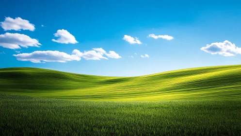 Sunlit green hills under vivid blue sky with clouds.