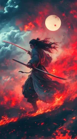 Solitary samurai with twin katanas amid fire and moon.