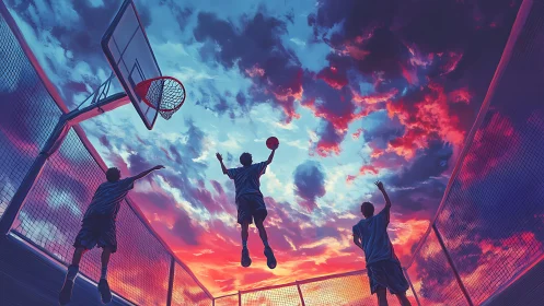 Skyline pickup game under wildfire sunset clouds of motion.