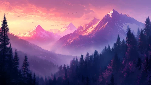 Mountain range at dusk with conifer forest in foreground.