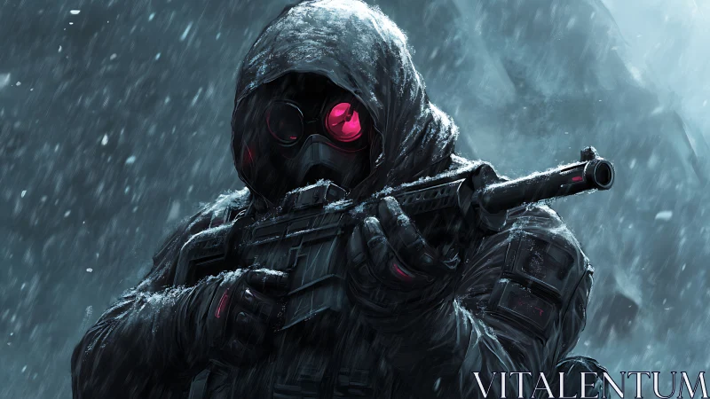 Storm-cloaked sniper with neon visor in frozen whiteout.