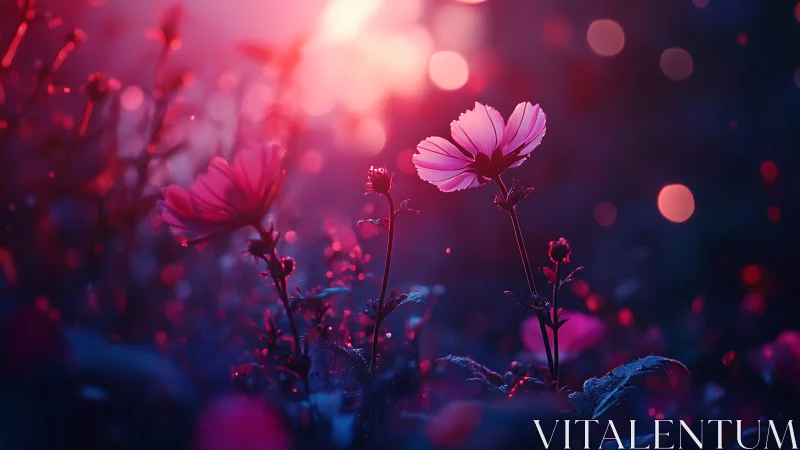 Digitally rendered cosmos flowers under diffused light