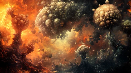 Fractal fungal forests in cosmic inferno, digital painting study.