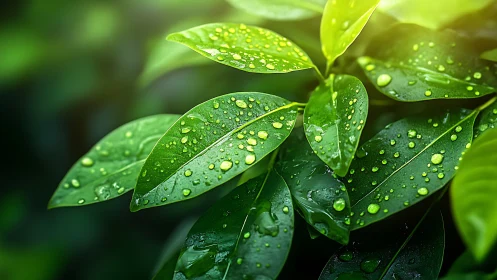 Wet green leaves catch morning light with crisp surface detail