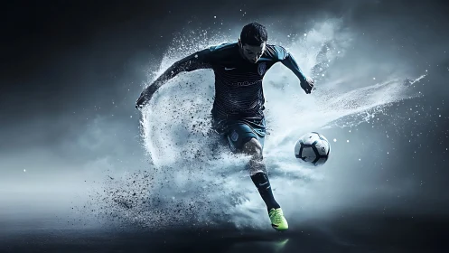Digital soccer player motion effect in dark studio space.