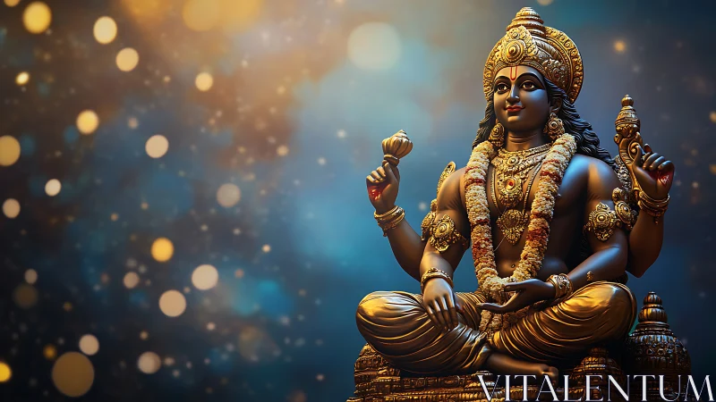 Golden Hindu deity statue glows against bokeh night sky