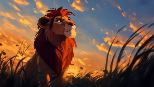 Sunlit lion profile under stratified dusk cloudfield panorama.