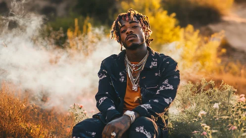 Portrait of stylish man amid warm backlit field haze