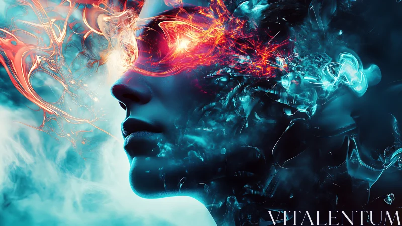 Human profile amid abstract energy flows in vivid contrast.