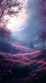 Pink alpine meadow beneath distant snowcapped mountains.
