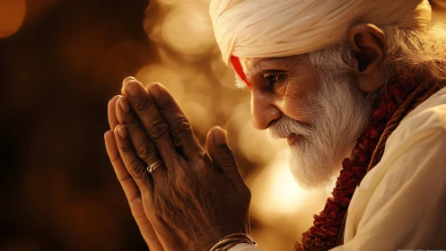 Elderly Indian man in prayer gesture under warm sunset light.