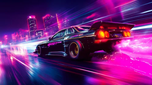 Neon street racer drifting through cyberpunk cityscape.