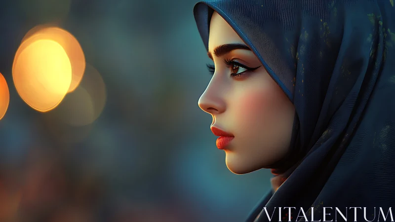 Elegant woman in blue hijab, digital portrait with soft bokeh lights.