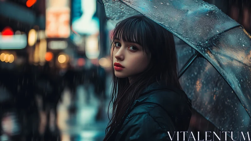 Rain-soaked city portrait under transparent umbrella at dusk