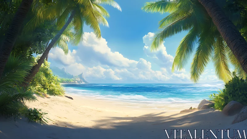 Tropical Beach Cove Framed by Palm Trees.