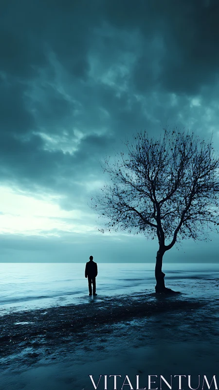 Silhouette stands on wet shoreline beside bare tree at dusk