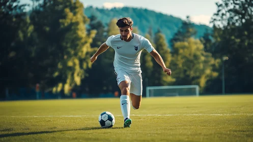 Sunlit striker carves a clean sprint across emerald turf