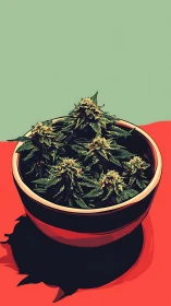 Bowl with dense green cannabis buds on flat red surface