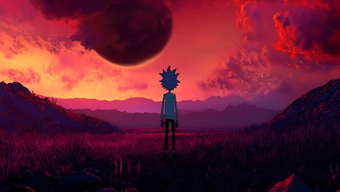 Solitary figure confronts looming eclipse in neon dusk sky