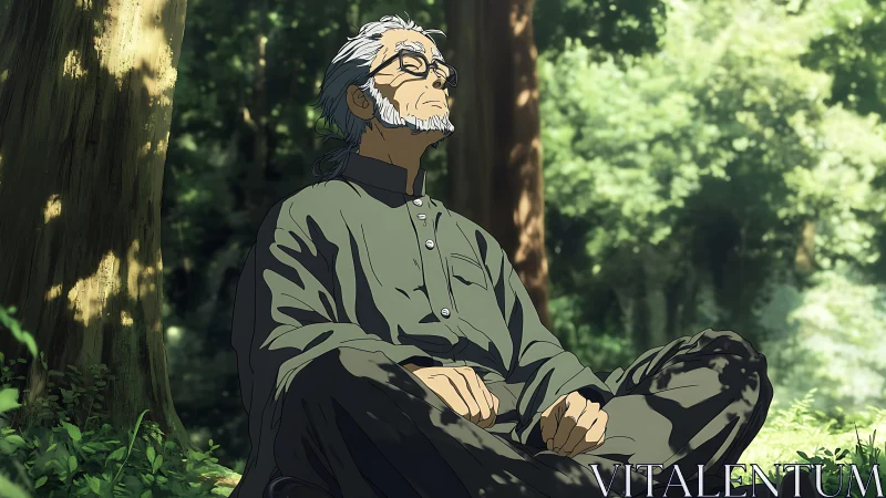 Elderly man meditates in dappled forest sunlight, serene