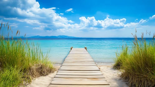 Wooden pier extends toward calm turquoise sea horizon